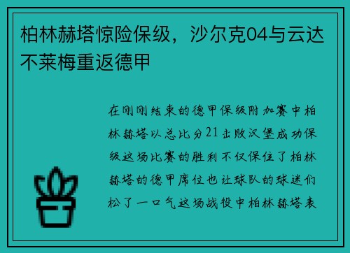 柏林赫塔驚險(xiǎn)保級(jí)，沙爾克04與云達(dá)不萊梅重返德甲