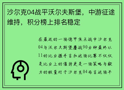 沙爾克04戰(zhàn)平沃爾夫斯堡，中游征途維持，積分榜上排名穩(wěn)定