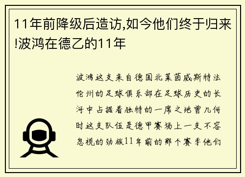 11年前降級后造訪,如今他們終于歸來!波鴻在德乙的11年